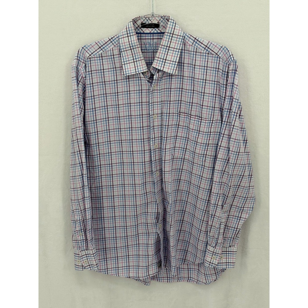 XMI Platinum Shirt Mens 16 34 35 White Plaid Long Sleeve Button Up Dress‎ Office